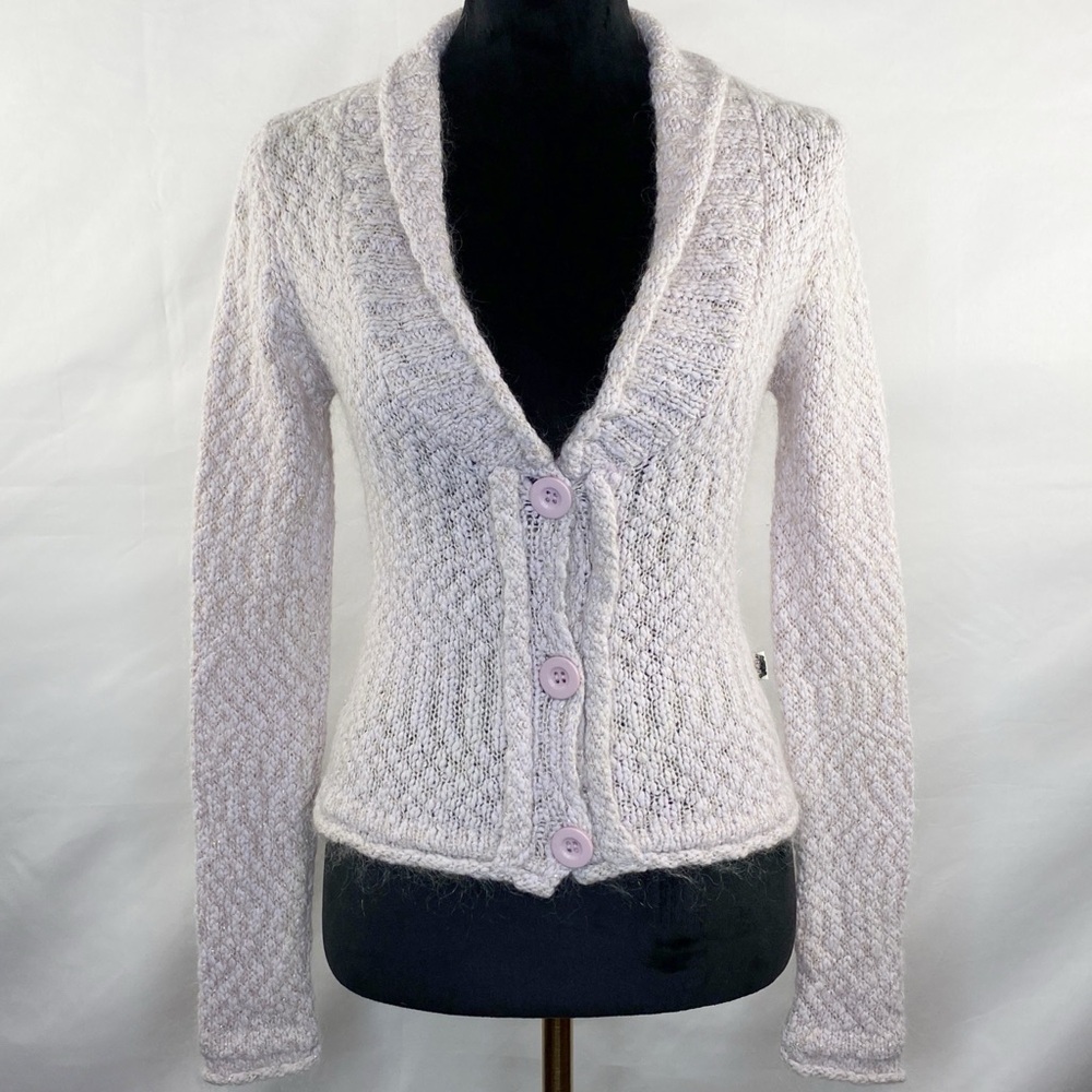Y2K Light Purple Gold Tinsel Knit Button Cardigan Sweater
